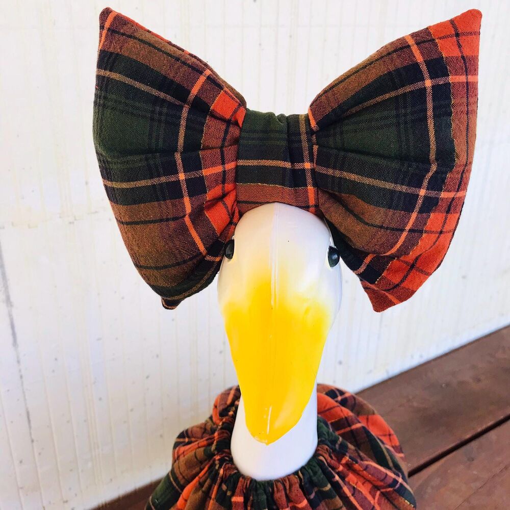 Porch Goose Dress & Bow Outfit For 18-23" Goose Handmade Fall Orange Black Plaid - Picture 10 of 13